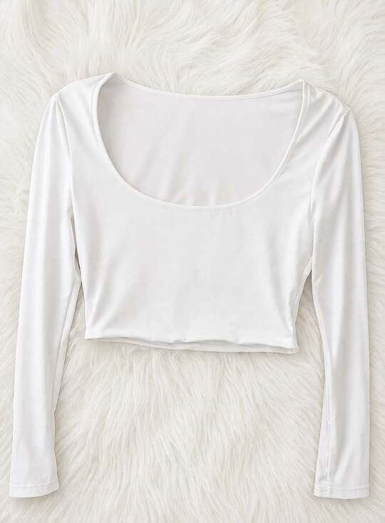 SHEIN Tops - SHEIN White Long Sleeve Crop Top Medium Scoop Neck Y2K Soft Girl Basic Stretch